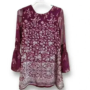 Speechless Dress Womens Medium Burgundy Red Floral Chiffon Lined Bell Sleeve